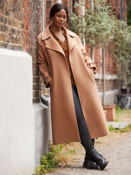 Live Unlimited Brown Curve Camel Wool Blend Belted Coat (Y17802) | £219