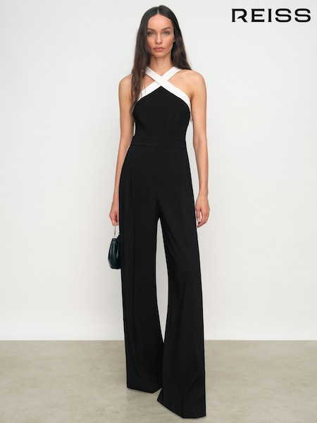 Reiss Black/Cream Cliona Colour-Block Halter Wide-Leg Jumpsuit (Y17833) | £248