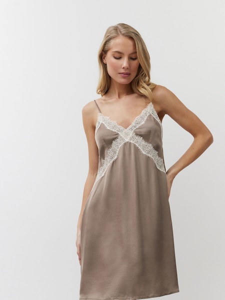 Aruelle Mila short Soft and Silky Brown Nightdress with lace detail and adjustable straps (Y17902) | £60