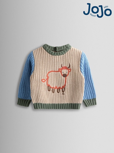 JoJo Maman Bébé Natural Highland Cow Embroidered Tractor Jumper (Y17928) | £26 -  £28