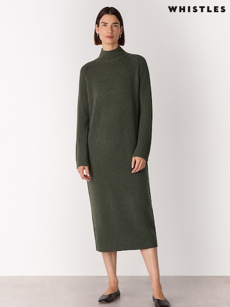 Whistles Green Funnel Neck Wool Midi Dress (Y17959) | £159