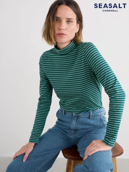 Seasalt Cornwall Green Landing Roll Neck Top in Cotton (Y18090) | £30