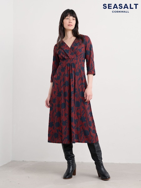 Seasalt Cornwall Burgundy Red Chapelle 3/4 Sleeve Dress in Cotton Jersey (Y18102) | £70