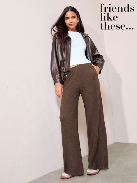 Friends Like These Brown Petite Cosy Ribbed Wide Leg Trousers (Y18113) | £34