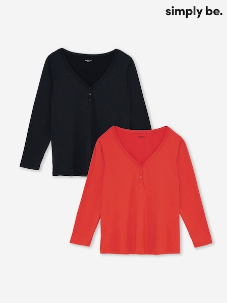 Simply Be Black Red Soft Touch Long Sleeve Henley Tops 2 Pack (Y18443) | £26
