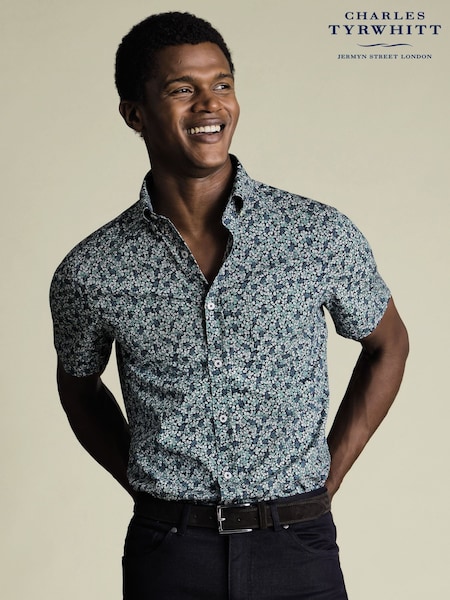 Charles Tyrwhitt Blue Navy Multi Non Iron Stretch Floral Print Slim Fit Shirt (Y18513) | £70