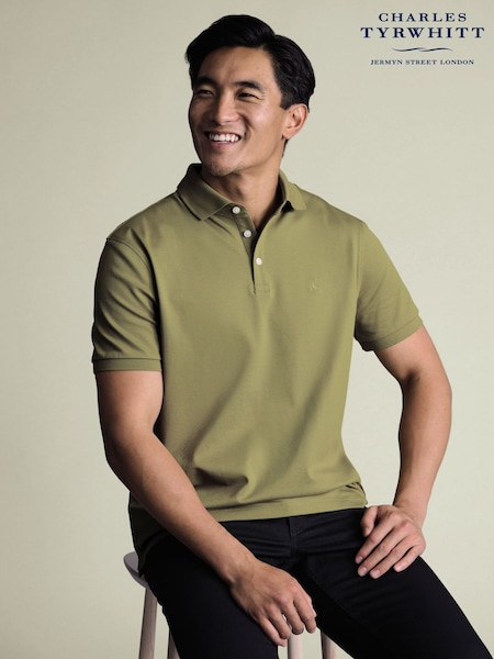 Charles Tyrwhitt Green Olive Solid Short Sleeve Cotton Stretch Pique Polo Shirt (Y18530) | £55