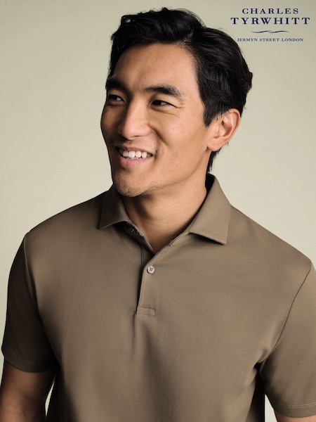 Charles Tyrwhitt Brown Camel Short Sleeve Cotton Stretch Smart Pique Polo Shirt (Y18534) | £60