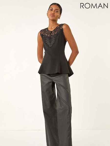 Roman Black Lace Ponte Peplum Blouse (Y18672) | £32