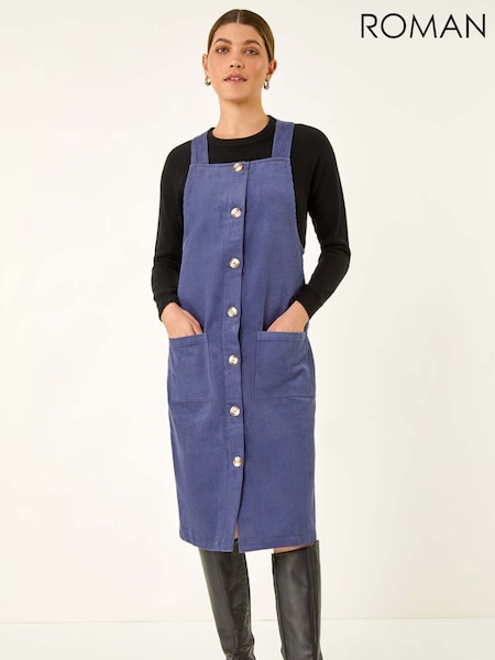 Roman Blue Corduroy Pinafore Midi Dress (Y18705) | £45