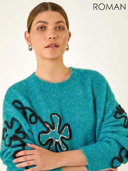 Roman Blue Sequin Floral Knit Jumper (Y18743) | £45