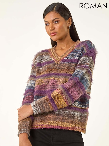 Roman Purple Textured Stripe V-Neck Knit Jumper (Y18747) | £48