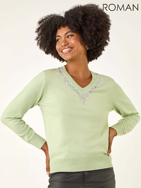 Roman Green V-Neck Embellished Trim Jumper (Y18754) | £42