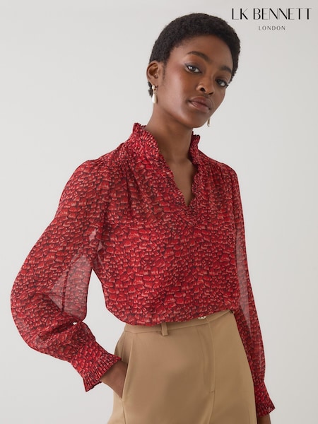 LK Bennett Red Suzette Multi Feather Print Blouse (Y19062) | £149