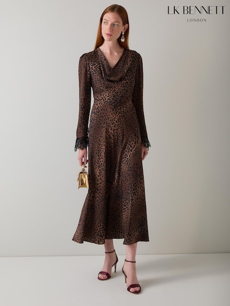 LK Bennett Brown Geena Petite Leopard Print Viscose Bias Cowl Dress (Y19066) | £349