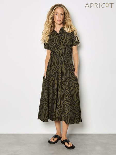 Apricot Green Ikat Zebra Midi Shirt Dress (Y19314) | £46