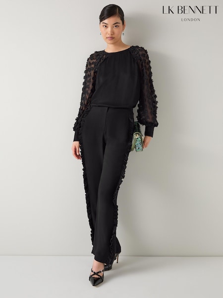 LK Bennett Black Orla Viscose Frill Detail Satin Trousers (Y19428) | £179