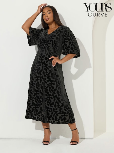Yours Curve Black Kimono Sleeve Devore Midaxi Tea Dress (Y19602) | £50