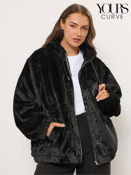 Yours Curve Black Faux Fur Zip Thru Hooded Fleece (Y19603) | £34