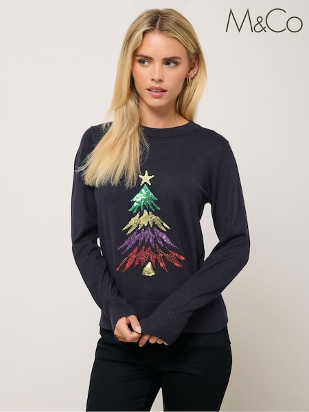 M&Co Blue Petite Sequin Christmas Tree Jumper (Y19647) | £36
