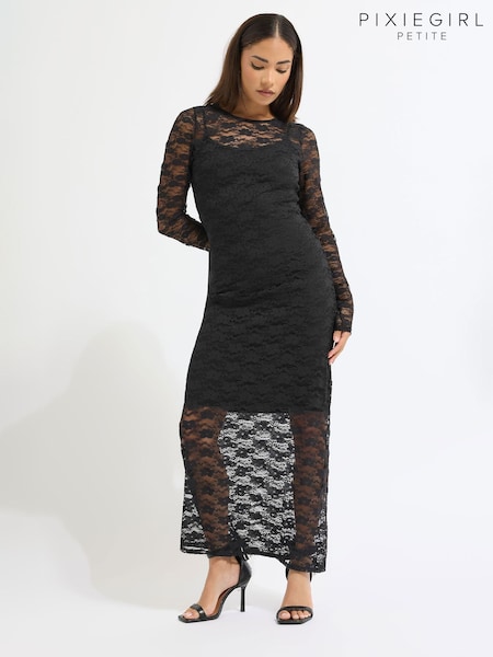PixieGirl Petite Black Long Sleeve Lace Maxi Dress (Y19661) | £39