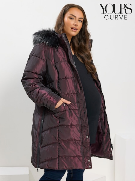 Yours Curve Purple Maternity Panelled Midi Puffer Coat (Y19668) | £75