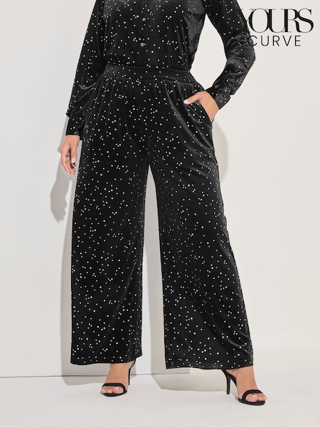 Yours Curve Black Velour Wide Leg Party Trousers (Y19696) | £29