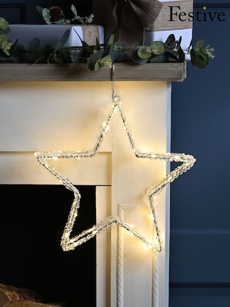 Festive Warm White 31cm Pre Lit Acrylic Star Hanging Decoration Light (Y19771) | £23