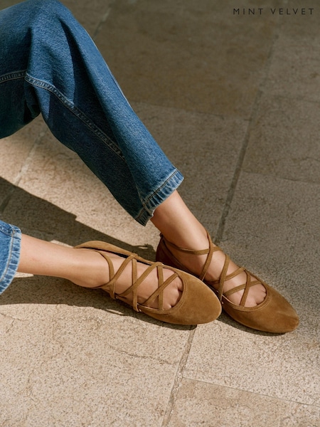 Mint Velvet Natural Suede Lace Up Ballet Pumps (Y19900) | £99