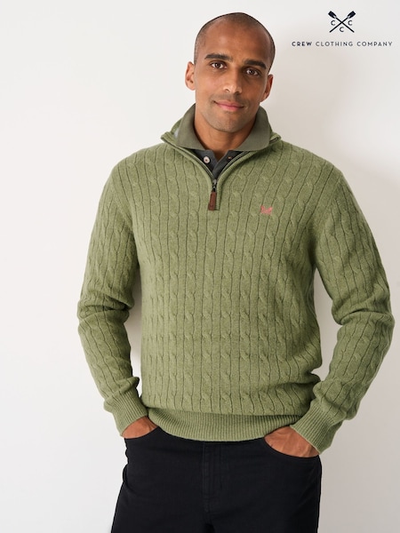Crew Clothing Green Lambswool Cable Half Zip Sweater (Y20335) | £80