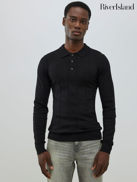 River Island Black Long Sleeve Viscose Ribbed Muscle Fit Polo Shirt (Y20723) | £34