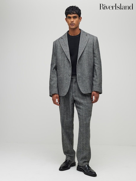 River Island Grey Relaxed Fit Herringbone Tailored Trousers (Y20727) | £50
