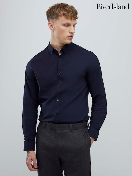 River Island Blue Long Sleeve Textured Muscle Fit Shirt (Y20730) | £32