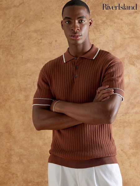 River Island Orange Short Sleeve Ribbed Slim Fit Polo Shirt (Y20763) | £32