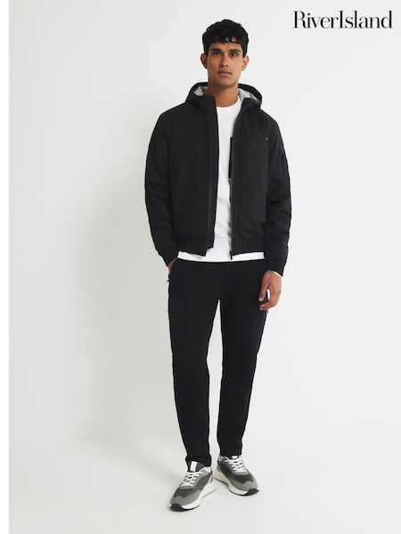 River Island Black Hooded Tech Bomber Jacket (Y20876) | £59