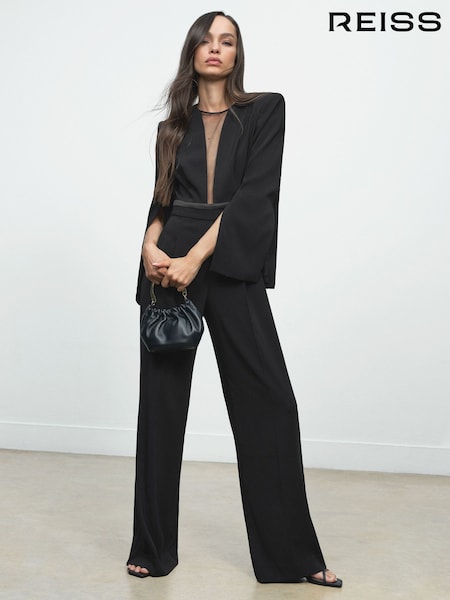 Reiss Black Evora Plunge-Neck Split-Sleeve Jumpsuit (Y20878) | £258
