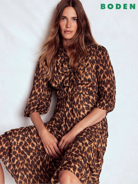 Boden Brown Brooke Tie Neck Tea Dress (Y21346) | £159