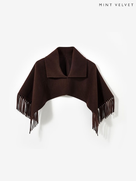 Mint Velvet Brown Wool Blend Fringed Poncho (Y21476) | £79
