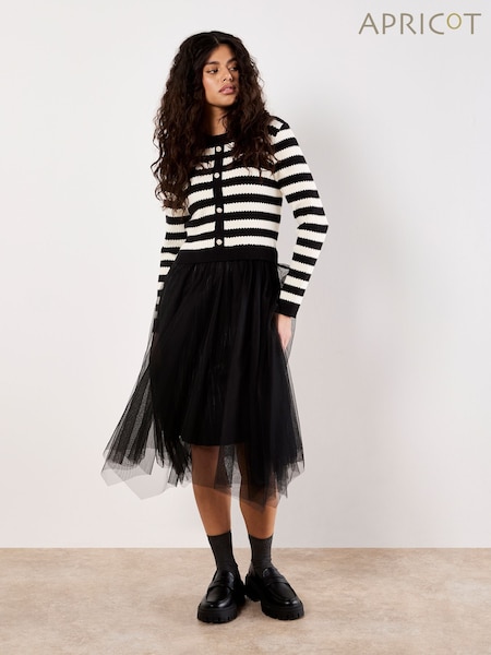 Apricot Black Two in One Stripe Cardigan Tulle Skirt Dress (Y21498) | £50
