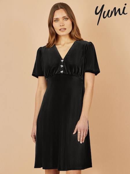 Yumi Black Velvet Skater Dress With Dimante Bow Detail (Y21630) | £60