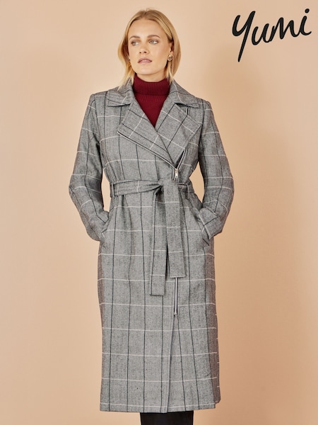 Yumi Grey Check Oversize Long Biker Coat (Y21637) | £90