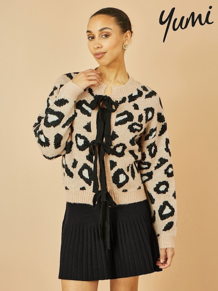 Yumi Natural Animal Print Intarsia Tie Front Cardigan (Y21639) | £55