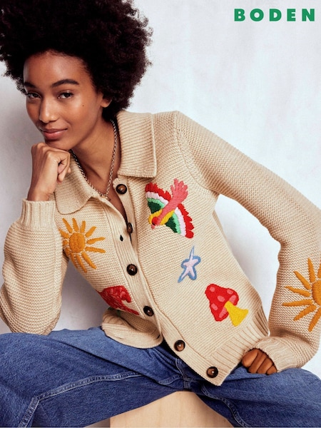 Boden Cream Motif Collared Cardigan (Y21711) | £189