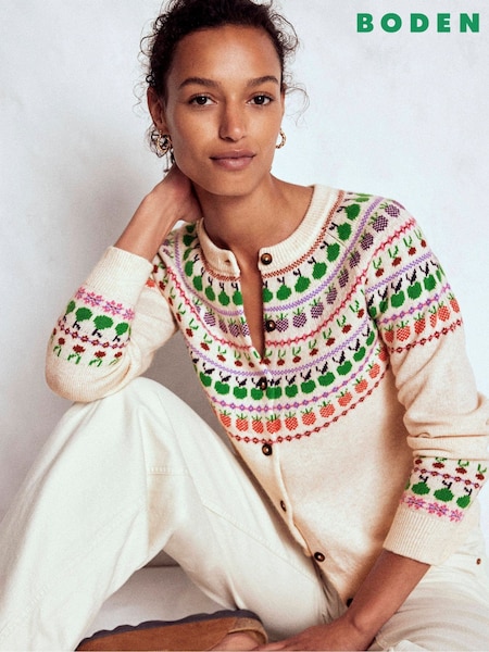 Boden Cream Edie Fair Isle Cardigan (Y21717) | £119