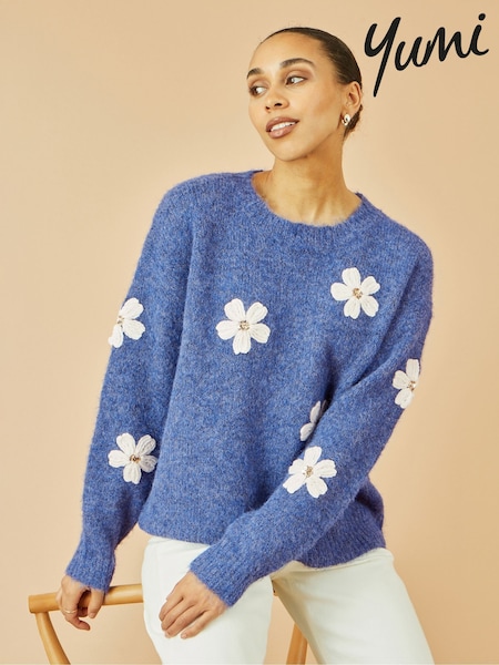 Yumi Blue Relaxed Jumper With Crochet Flowers (Y21974) | £50