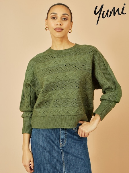 Yumi Green Cable Knit Relaxed Fit Jumper (Y21989) | £40