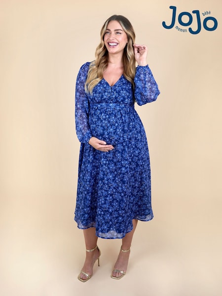 JoJo Maman Bébé Navy Blue Floral Crinkle Chiffon Maternity Midi Dress (Y22078) | £69
