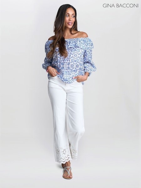 Gina Bacconi Emme Blue Floral Off the Shoulder Top with Frill (Y22266) | £49