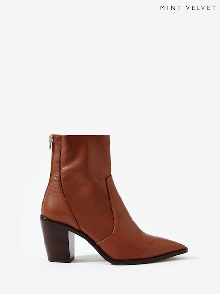 Mint Velvet Brown Amy Tan Leather Ankle Boots (Y23234) | £150