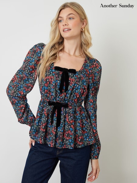 Another Sunday Black Bow Detail Square Neck Blouse (Y23304) | £36